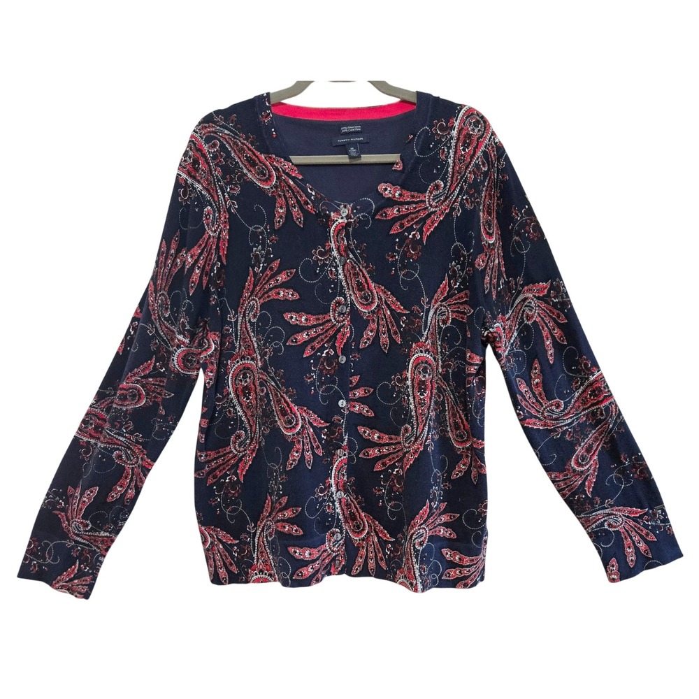 Tommy Hilfiger Classic Blue Red Paisley Pima Cotton Cardigan Sweater Women XXL